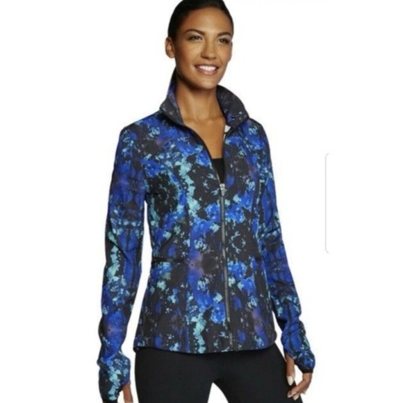 Fabletics high neck zip front windbreaker in blue multi splatter print. Size S - Picture 1 of 10